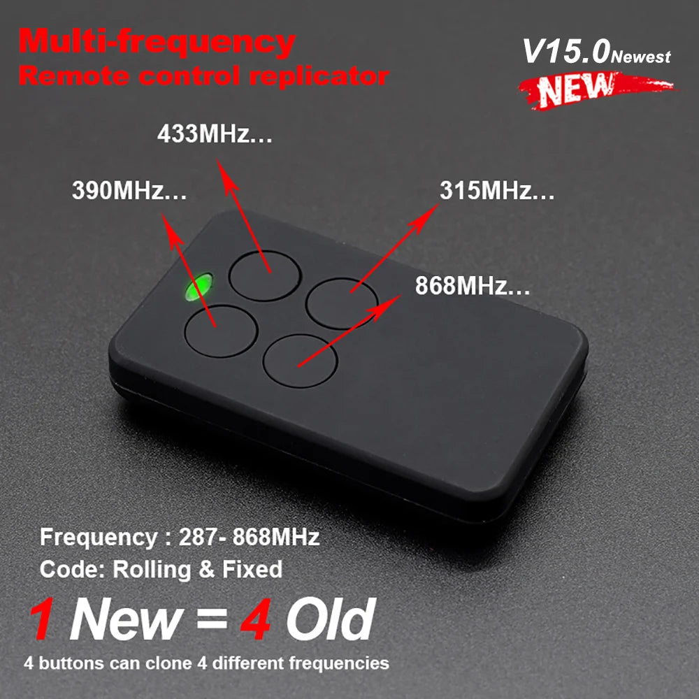 Multi-Frequency Garage Door Remote Duplicator 280–900MHz – 4-in-1 Universal Multi-Brand Remote