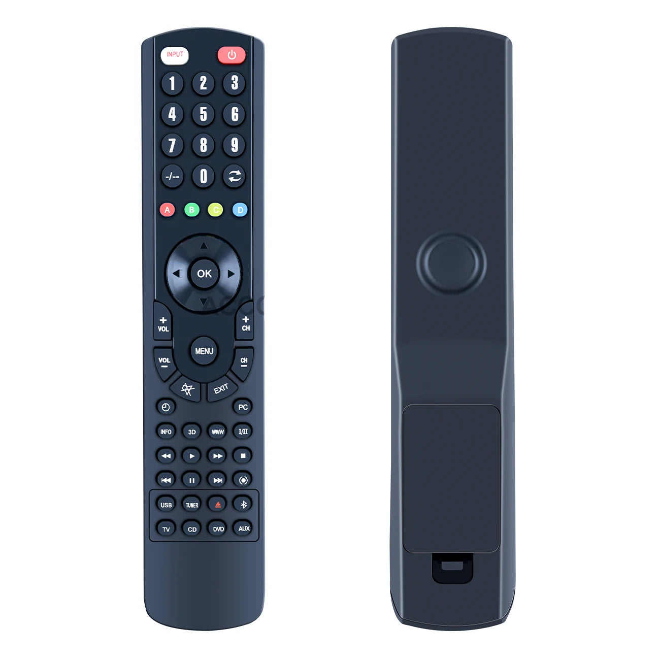 Black remote control with Accoona branding on a white background