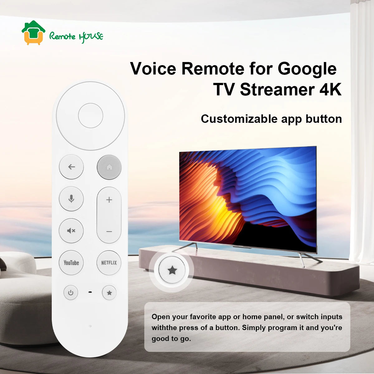 Voice Remote Control for Google TV Streamer 4K and Chromecast with Customisable App Button White
