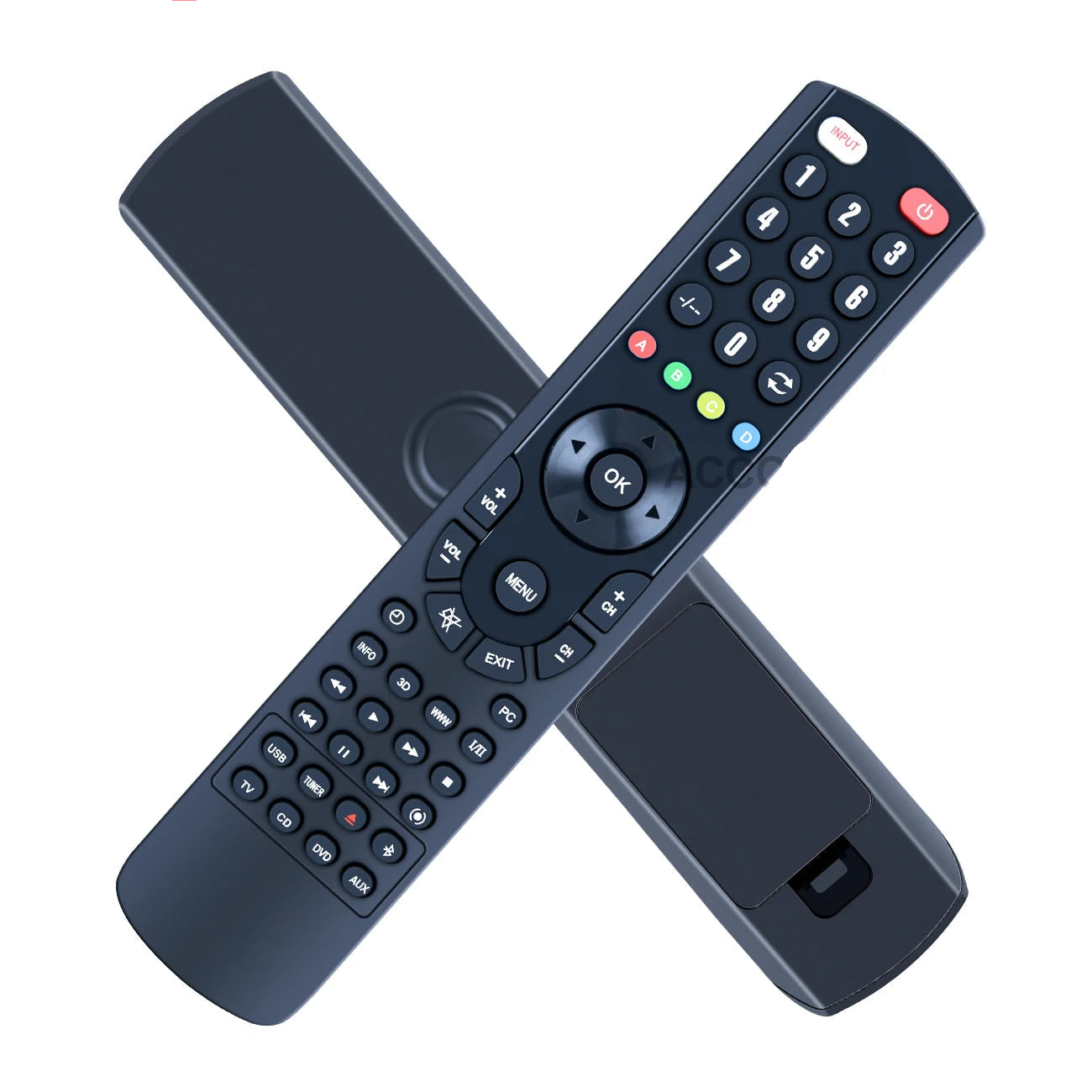 Two black remote controls with buttons on a white background, branded 'Accoona'.