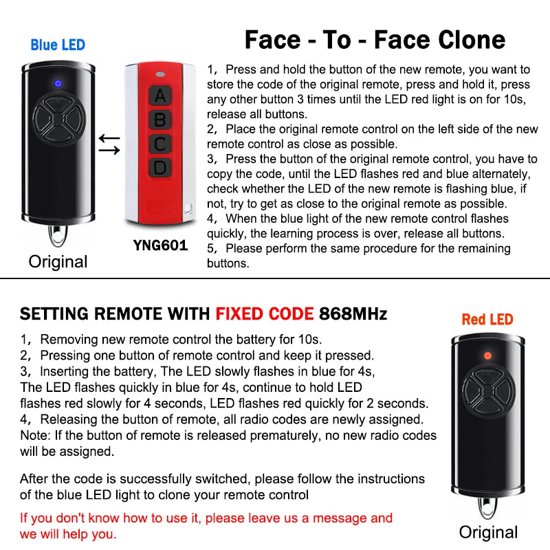 Yinuogo 868MHz garage door remote control – compatible with HÖRMANN BiSecur HS and HSE serie