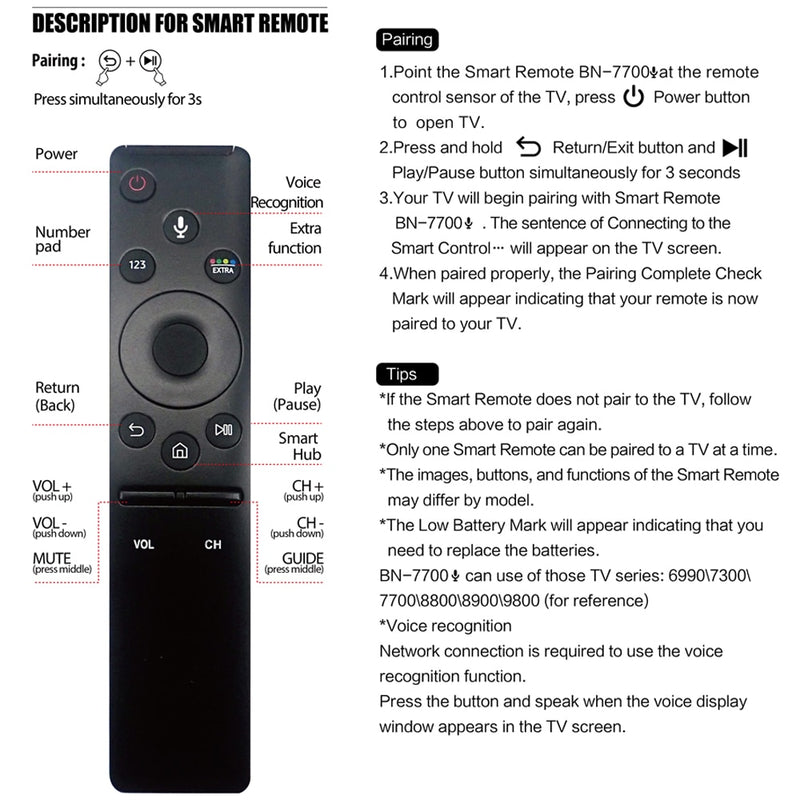 Remote Control for Samsung 4K Voice Smart TV Remote Control Aftermarket Replacement