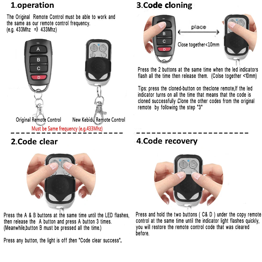 kebidumei 433MHz 4CH garage door remote control duplicator with 27A battery