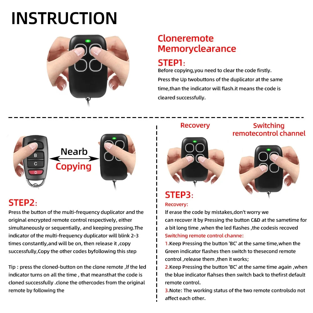 Multi-Frequency 286–868MHz Garage Door Remote Duplicator – 4-Button Code Grabber Clone Key Fob