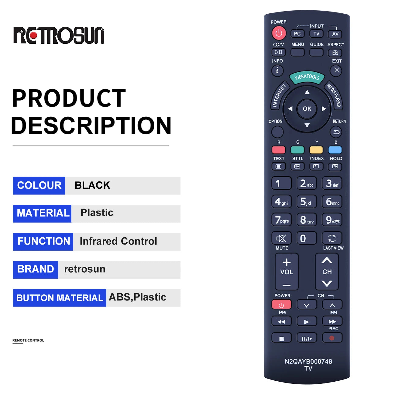 N2QAYB000748 Remote for Panasonic HDTV TV TH-50PZ850A TH-58PZ850A TH-65PZ850A Compatible Models