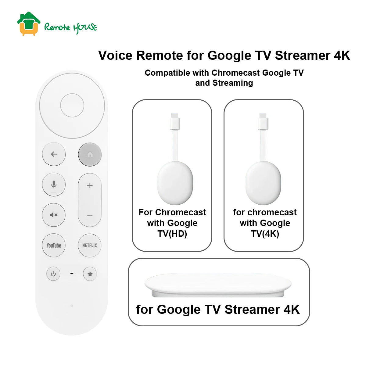 Voice Remote Control for Google TV Streamer 4K and Chromecast with Customisable App Button White