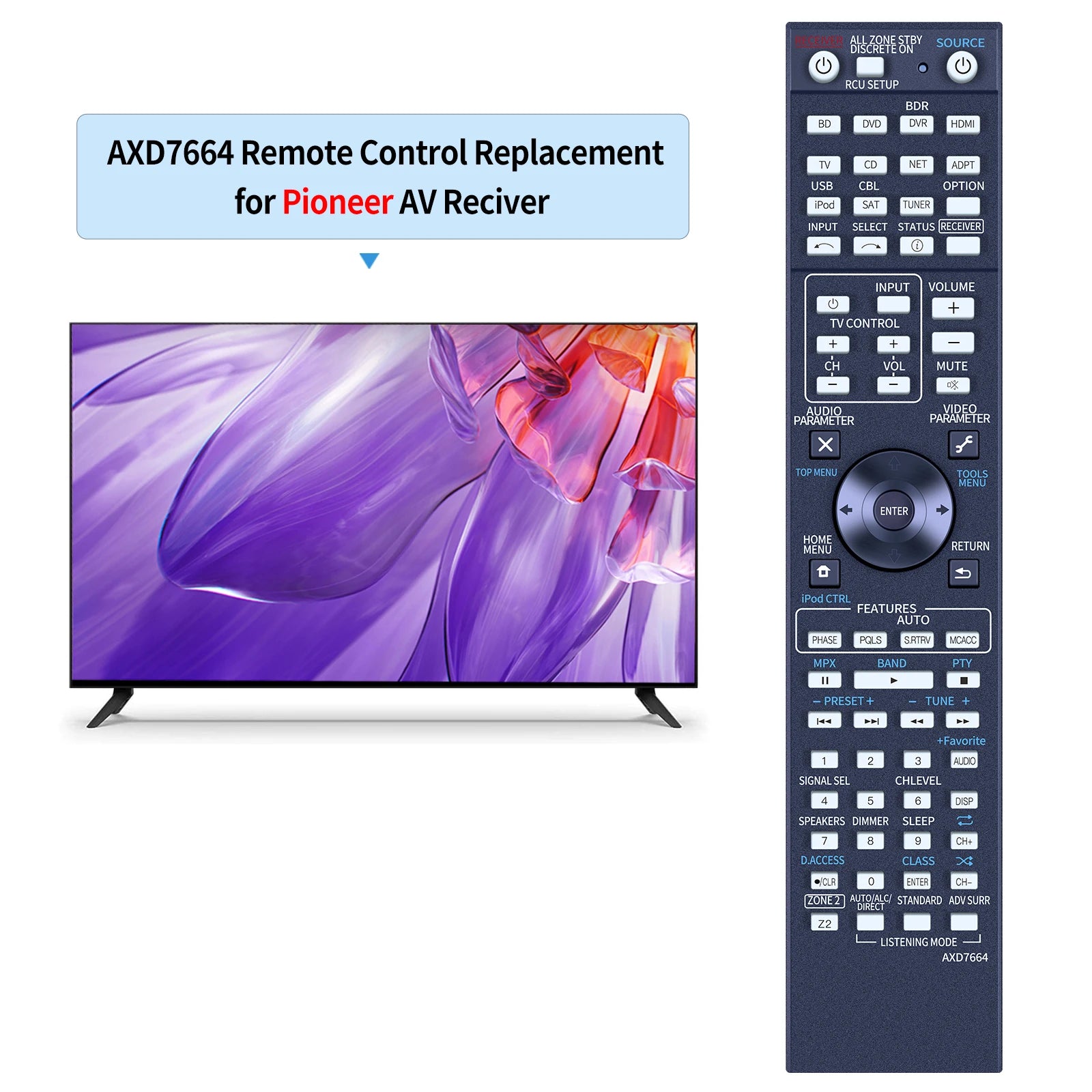 AXD7664 Replacement Remote Control for Pioneer VSX-1122, VSX-1027, VSX-60 Receivers