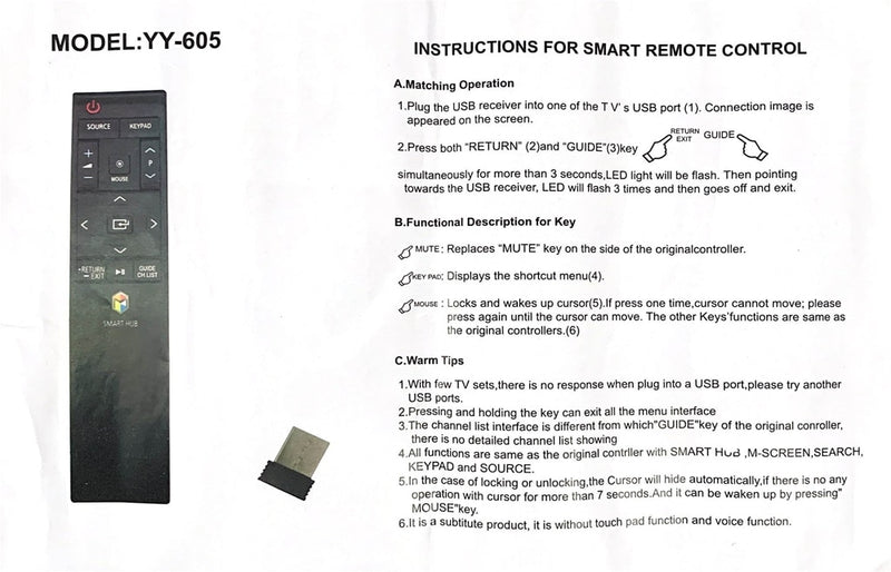 Remote Control YY-605 for Samsung Smart TV Fit For BN59-01220A BN59-01220D No Voice & Touch Pad Function